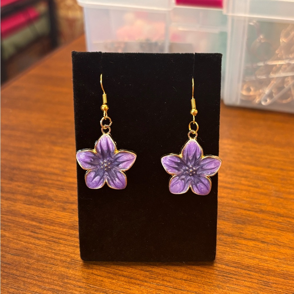 New handmade pretty Purple Floral Earrings with Gold tone Accents
